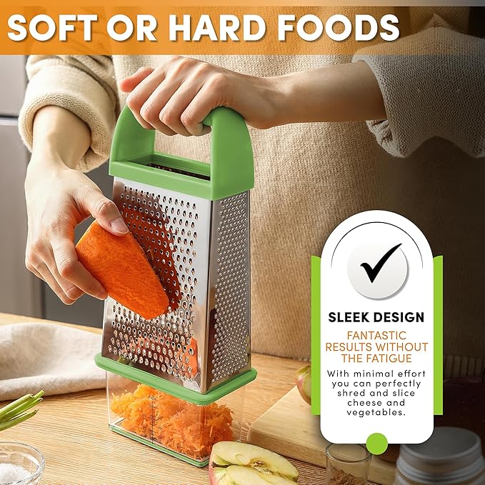 Spring Chef Professional Green 10" Parmesan Cheese Grater With Container, Stainless Steel Food Grater for Kitchen with Handle, 4 Sided Carrot Shredder, Handheld Vegetable & Cabbage Shredder
