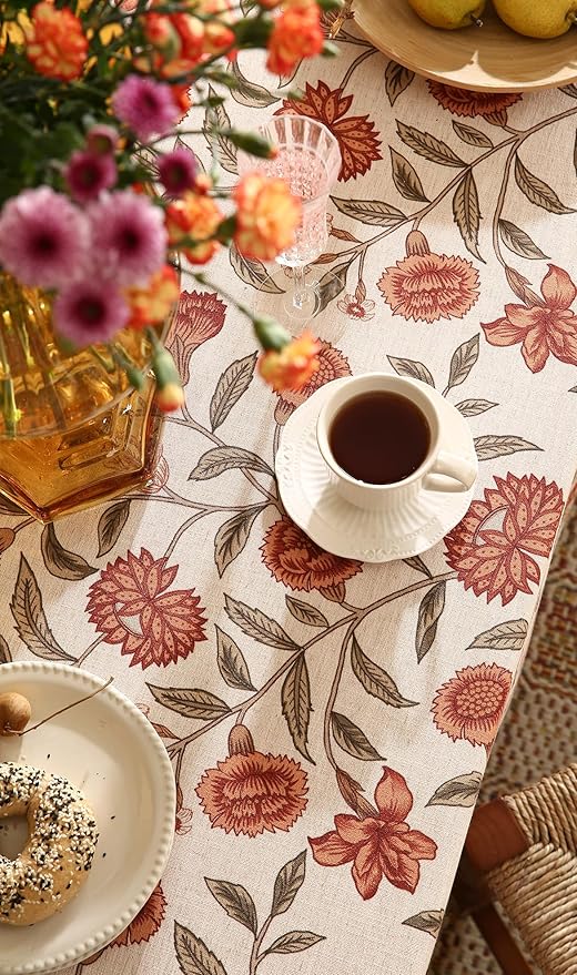 ISAENNE Designer French Long Tablecloth Rectangle,Linen Orange Floral Pattern Indoor Table Cloth,Wrinkle Resistant Decor Table Cloth for Dining Thanksgiving Kitchen Party,63"*102"-Alvarado D