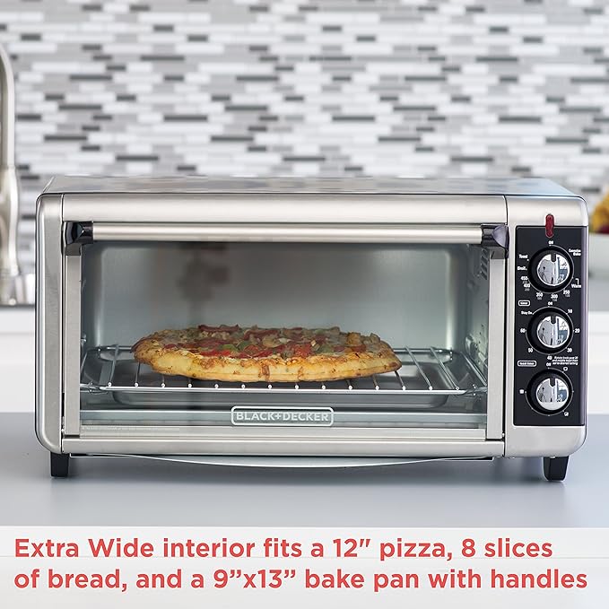 BLACK+DECKER TO3250XSBD 8-Slice Extra Wide Convection Countertop Toaster Oven, Includes Bake Pan, Broil Rack & Toasting Rack, Stainless Steel/Black