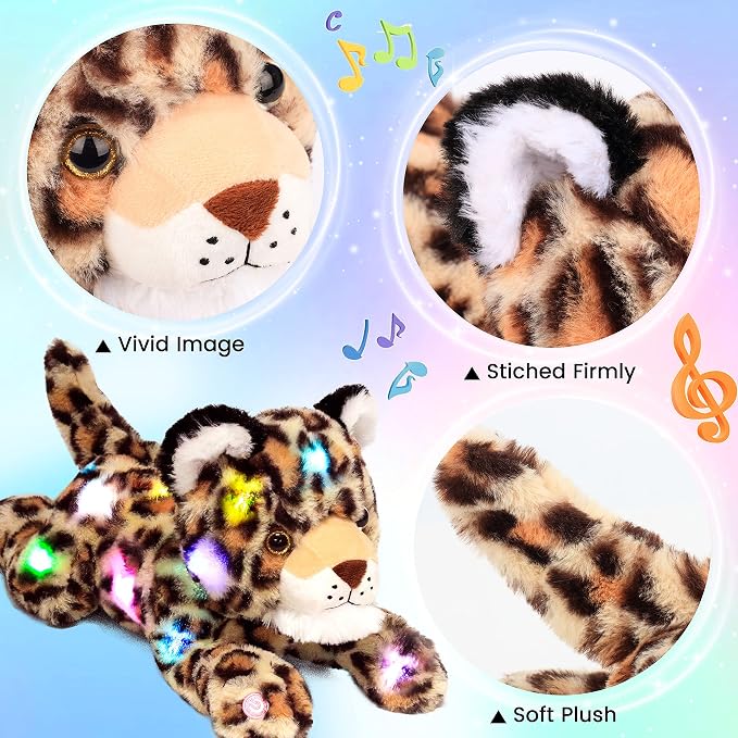 Hopearl LED Musical Stuffed Cheetah Light up Singing Plush Leopard Toy Adjustable Volume Lullaby Animated Soothe Birthday Festival for Kids Toddlers Boys, 14''