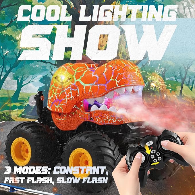 BEZGAR Monster Truck Toys - Remote Control Monster Truck with Spray, Light, Music, Dinosaur Toys for Kids, 1:20 Scale RC Truck with 360° Spins and Drifting, Remote Control Car for Boys 4-7 Orange