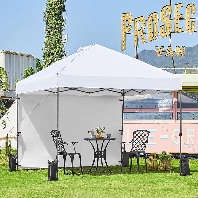 Yaheetech 10x10 Pop up Canopy Tent w/1 Sidewall, Instant Commercial 150D Silver Coated Fabric Outdoor Instant Tent w/Wheeled Bag, 4 Sandbags, 8 Stakes & 4 Ropes for Parties, Camping, Beach, White