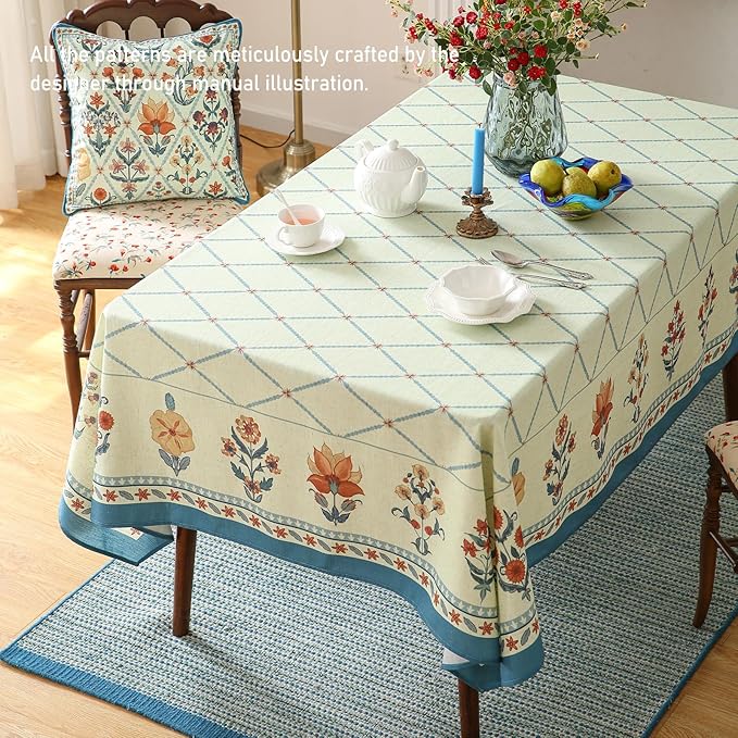ISAENNE Designer Linen Floral Rectangular Tablecloth,Light Green Farmhouse Durable Table Cloth,Washable Decor Tablecloths for Dining Kitchen Thanksgiving Christmas,55"*87"-Floralsea B