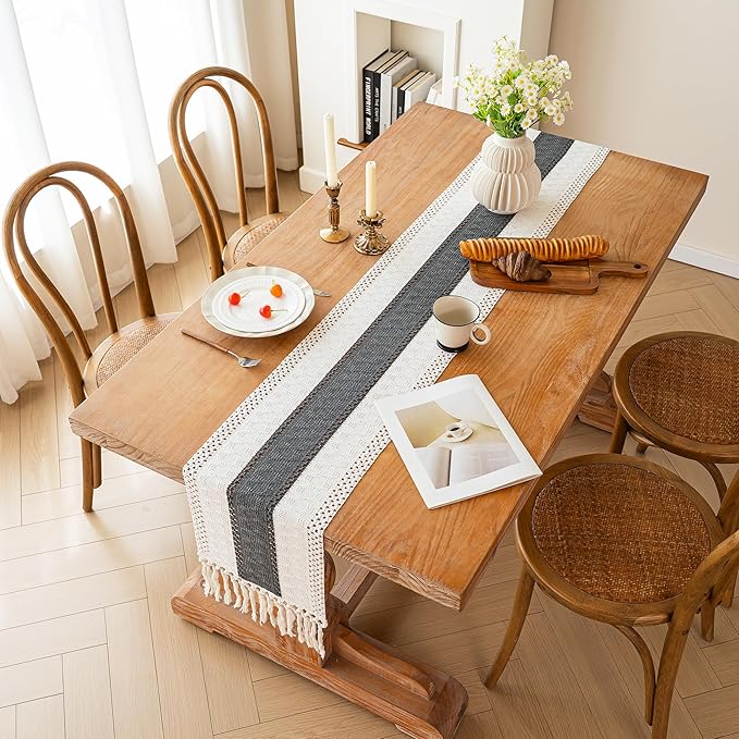 FEXIA Boho Table Runner for Christmas Home Decor with Tassels 72 Inches Long Farmhouse Grey Rustic Table Runner Macrame Burlap Table Decoration for Living Room Bridal Shower(12x72 Inches)