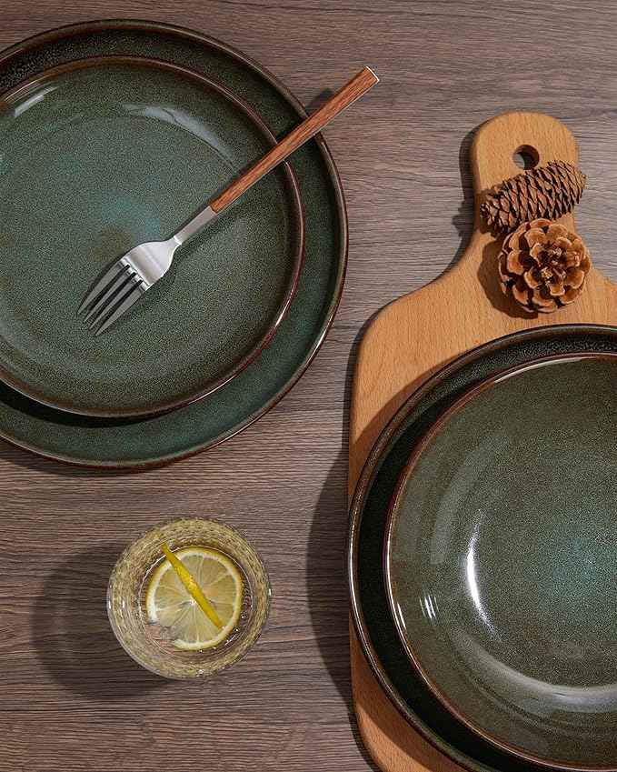 12 Piece Dinnerware Sets with Pasta Bowls, Stain Resistant Dish Set, Easy Cleaning Dishes, Multi-Functional Plate and Bowl Set, Stack Compactly Plates, Service for 4 Sage Green