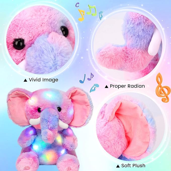 Hopearl Colorful LED Musical Stuffed Elephant Light up Singing Plush Elephish Adjustable Volume Lullaby Animated Soothe Birthday Festival for Kids Toddlers, Rainbow, 11''