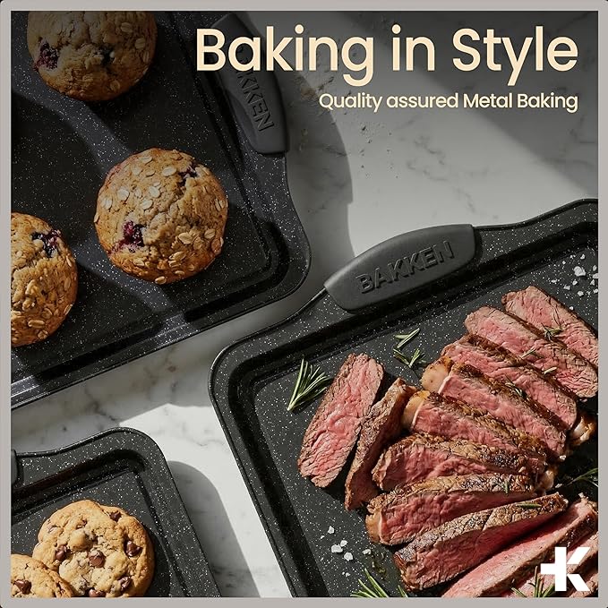 BAKKEN 8-Piece Kitchen Oven Baking Pans Set - Deluxe Nonstick Gray Marble Coating, Professional Grade Carbon Steel Bakeware with Silicone Handles - Oven, Dishwasher, and Freezer Safe