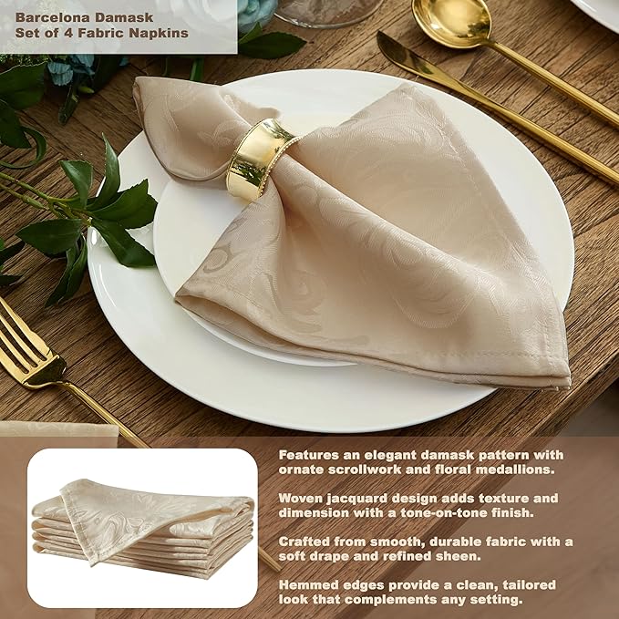 Newbridge Barcelona Luxury Damask Fabric Tablecloth, 60” Wide x 102” Rectangle, Golden Beige, 100% Polyester, No Iron, Soil Resistant Dining Room, Party and Banquet Table Cover