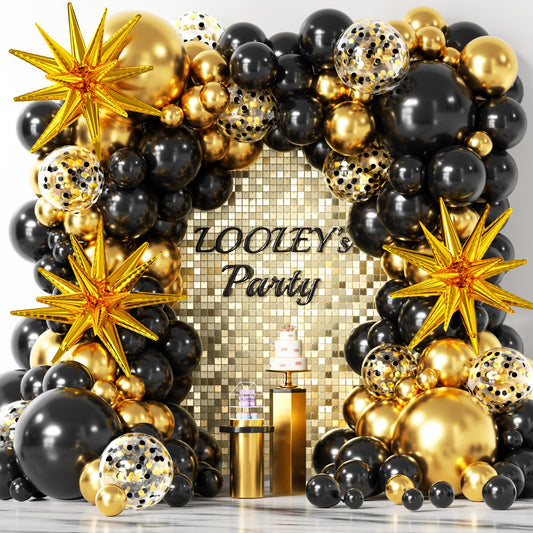 137Pcs Black and Gold Balloons Garland Arch Kit with Stars - 5 10 12 18 inch Black Gold Confetti Latex Party Balloons for 2025 Graduation Retirement Decorations Birthday