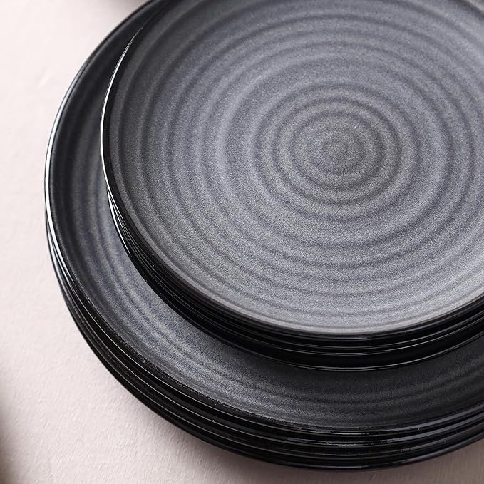 Stone Lain Dua 24-Piece Dinnerware - Stoneware, Plate and Bowls, Dishwasher and Microwave Safe, Dish Set for 8, Black