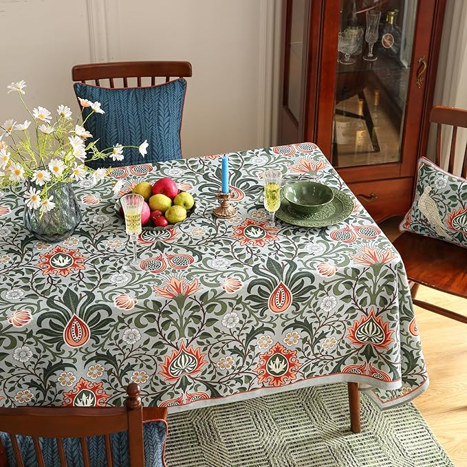 ISAENNE Designer Bohemian Linen Green Extra Long Rectangle Tablecloth,Floral Indoor Table Cloth,Stain Resistant Decor Tablecloths for Dining Thanksgiving Kitchen Party Christmas,63"*110"-Naples