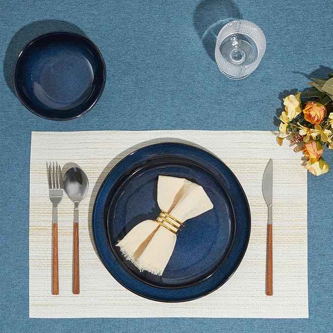 18 Piece Stoneware Dish Set for 6, Reactive Glaze Ceramic Plates and Bowls Set | Coastal‑Inspired Irregular Design for Casual Entertaining & Intimate Dinners | Dishwasher & Microwave Safe
