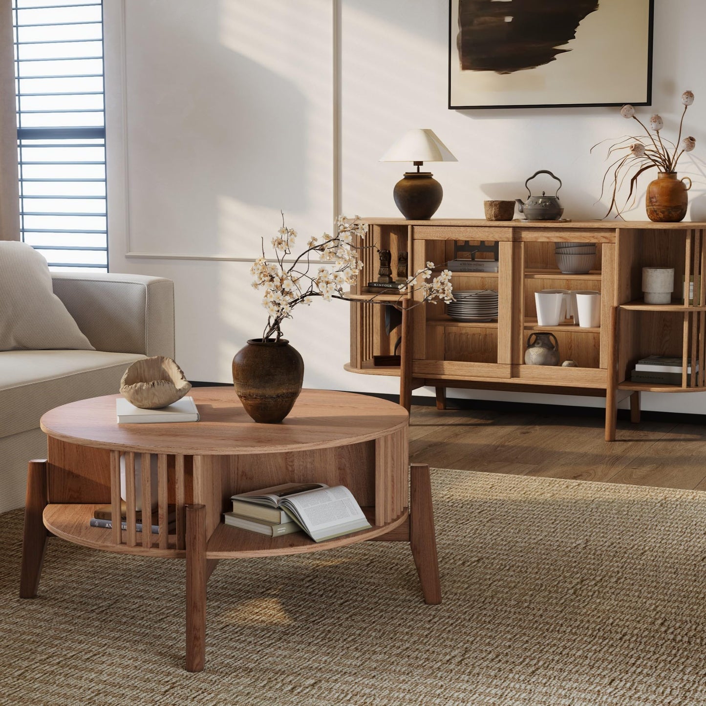 LuxenHome Round Coffee Table with Storage, 31.5" Oak Finish Wood Accent Tables with Wood Legs, Boho Center Table for Living Room, Wooden Circle Coffee Table with Open Storage for Home Office