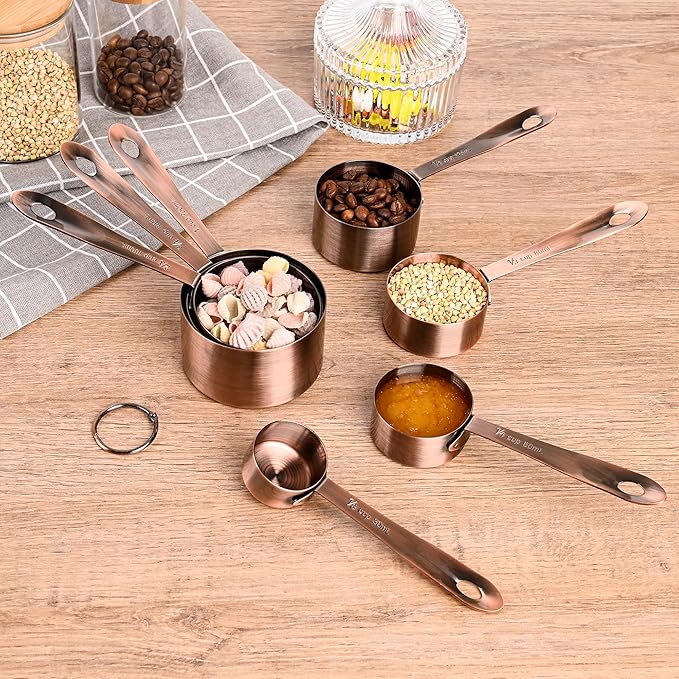 Copper Measuring Cups and Spoons Set of 18, 7 Measuring Cups, 9 Measuring Spoons, Stainless Steel Measuring Spoons and Cups for Dry & Wet Ingredients During Kitchen & Baking