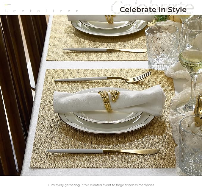 Leetaltree Gold Placemats Set of 24 - Heat Resistant Non-Slip Place mats for Dining Table, Washable Durable PVC Vinyl Woven Table Mats(Luxury Gold, 24)