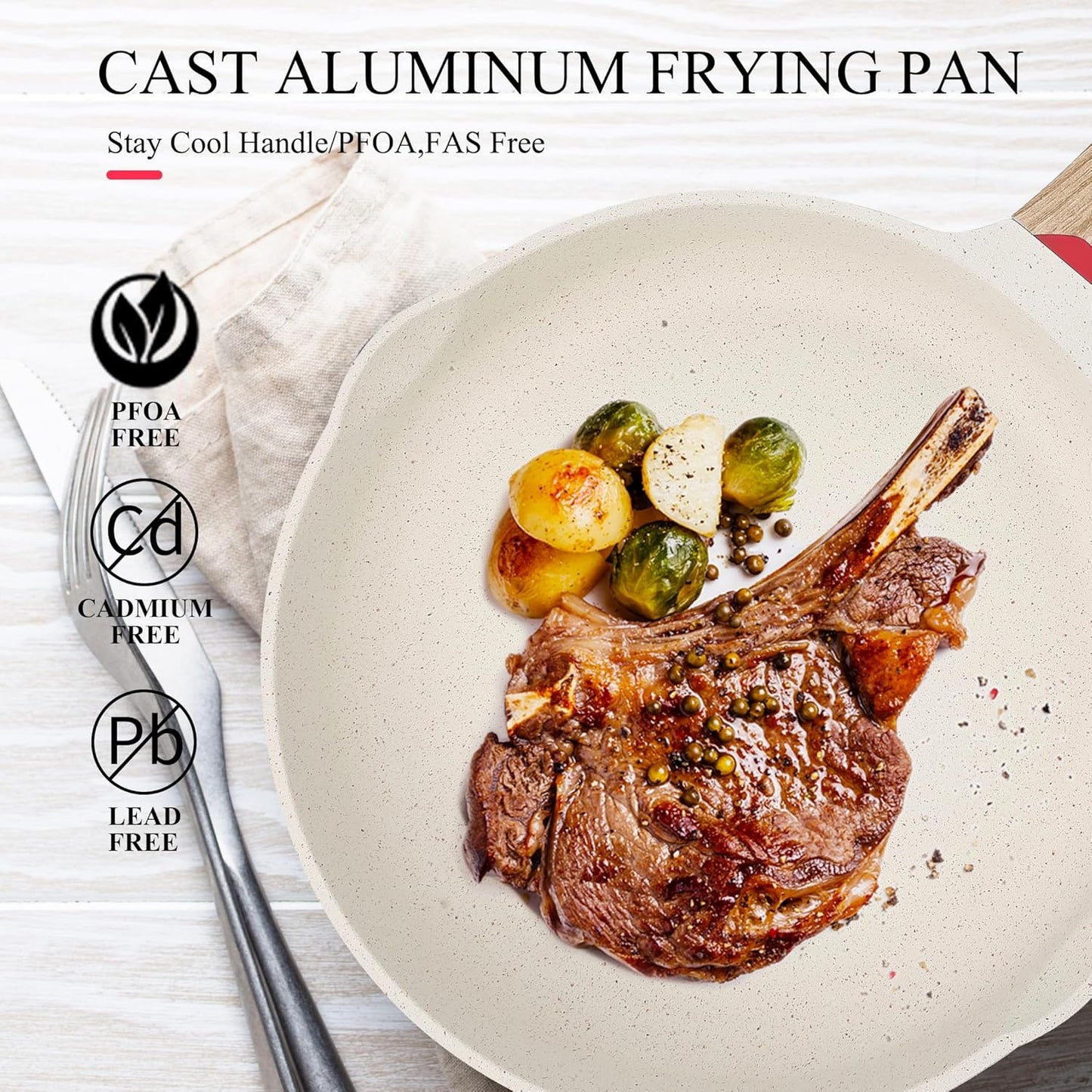 Vinchef Nonstick Frying Pan Anti Scratch,9.5 Inch Skillet Cast Aluminum Cookware, Induction Compatible White