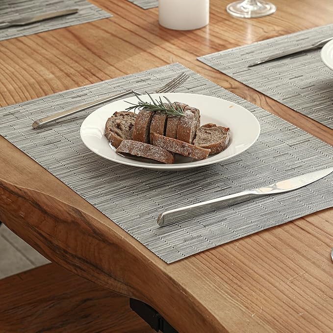 Leetaltree Silver Placemats Set of 8 - Heat Resistant Non-Slip Place mats for Dining Table, Washable Durable PVC Vinyl Woven Table Mats（Silver, 8）