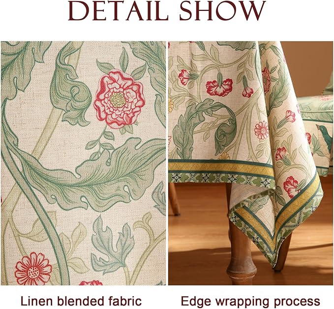 patdrea Designer French Vintage Rectangle Tablecloth,Green Linen Leaves Pattern Table Cloth,Decoration Floral Table Cover for Kitchen Dining Christmas,Thanksgiving,Party,63"x87"-Cecilia a