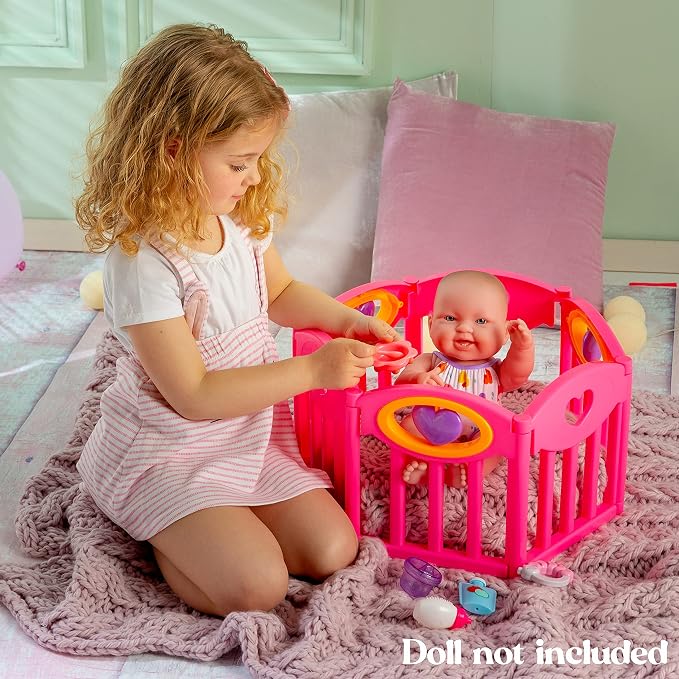 JC Toys Baby Doll Play Pen Gift Set for Keeps Playtime!|Fits Dolls up to 17" | Adjusts to Different Shapes | Play Accessories| Ages 2+, Pink