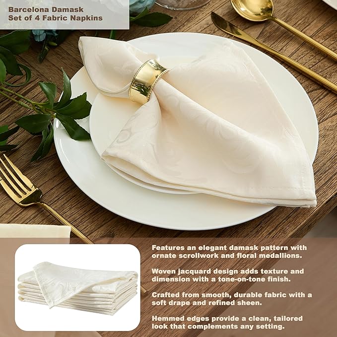 Newbridge Barcelona Luxury Damask Fabric Tablecloth, 70” Extra Wide x 90” Rectangle, Antique White, 100% Polyester, No Iron, Soil Resistant Dining Room, Party and Banquet Table Cover