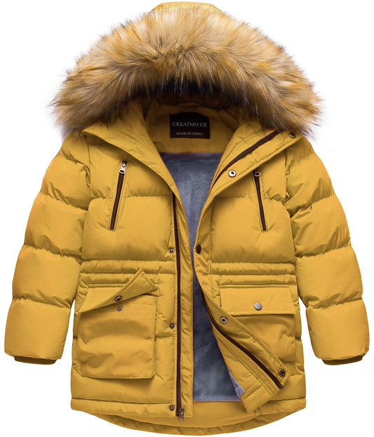 CREATMO US Boy's Winter Parka Water Resistant Hooded Puffer Fleece Lined Jackets Coats Yellow 6-7