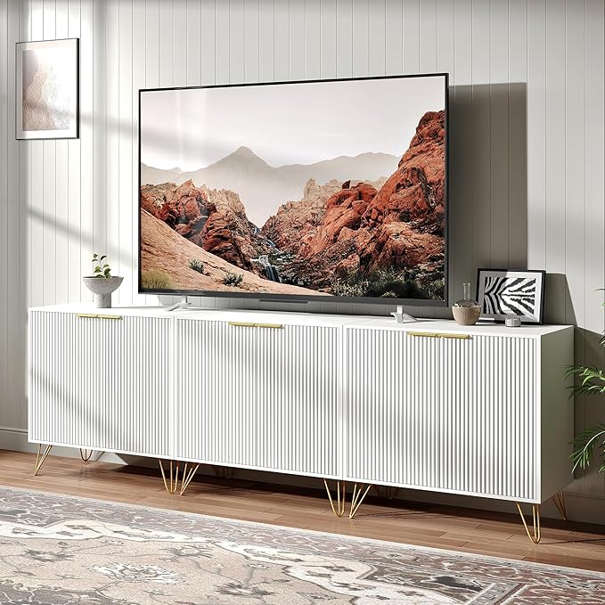 Fluted TV Stand for 90 Inch TV, Modern TV Stand Console, White Entertainment Center with 3 Storage Cabinets, Adjustable Shelves & Gold Handles, Wood Media Cabinet for Living Room
