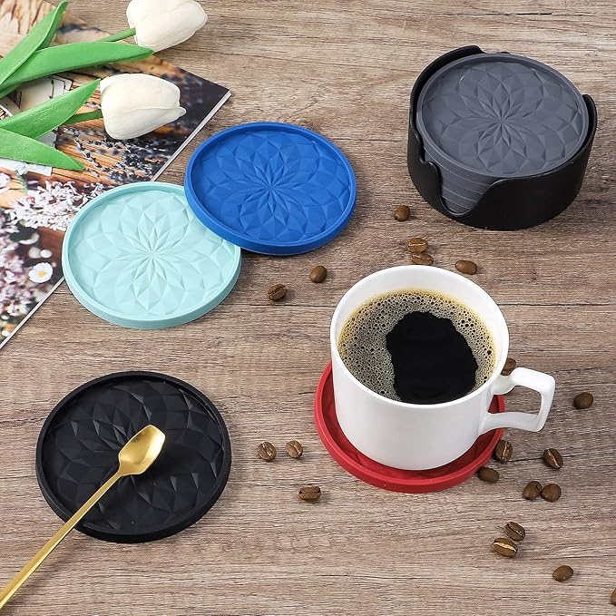 ME.FAN Silicone Coasters with Holder,[6 Pack] Drinking Coasters - Cup Mat for Hot or Cold Drinks, Thickened, Non-Slip, Non-stick,Deep Tray Mint Green