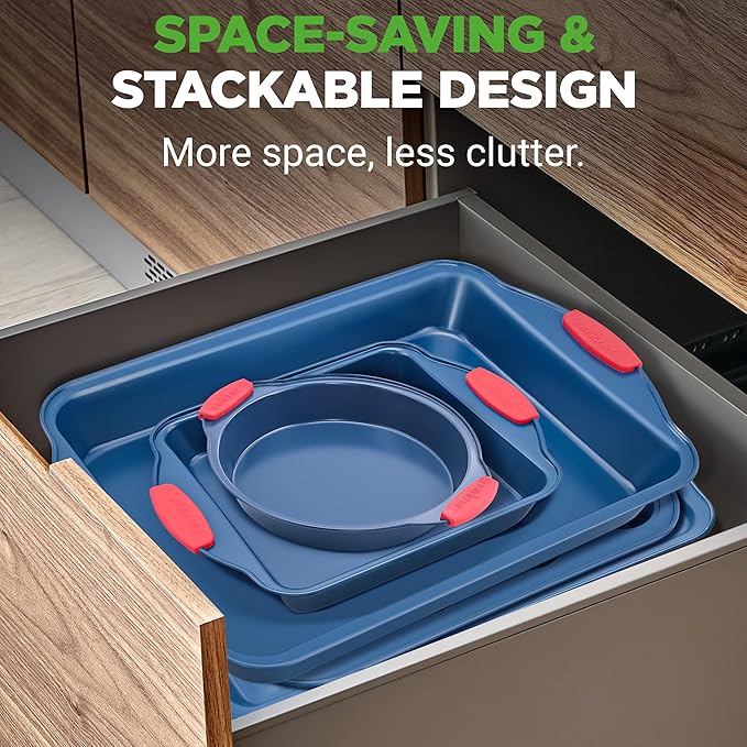 NutriChef 6-Piece Bakeware Set - Nonstick Carbon Steel Baking Pans with Red Silicone Handles, Blue Coating, Durable & Stain-Resistant, Perfect for Baking Cakes, Muffins, Cookies (Blue)