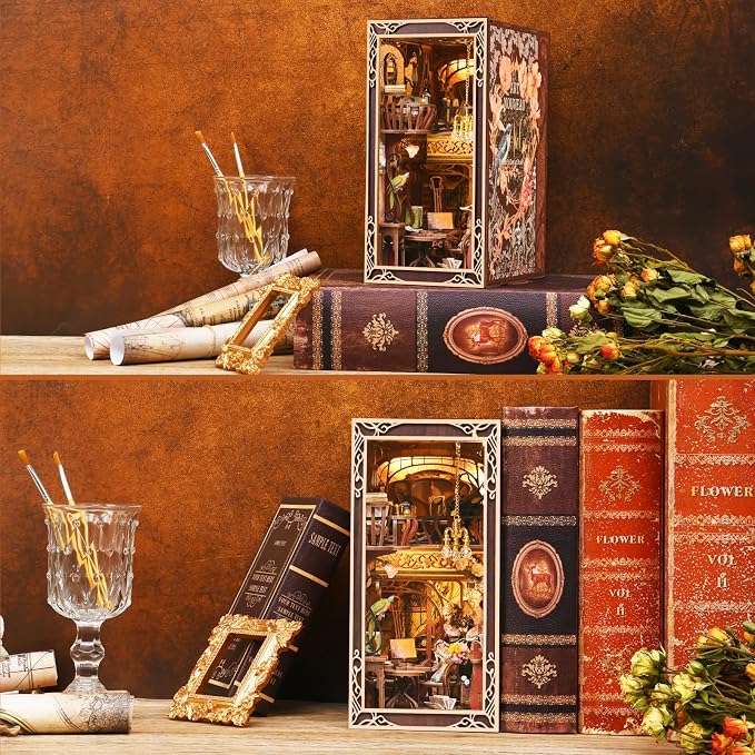 MiniCity Book Nook Kit, DIY Miniature Dollhouse Booknook Kit, 3D Wooden Puzzle Bookend Bookshelf Insert Decor with LED Light for Teens and Adults, Painter's Day at Dusk