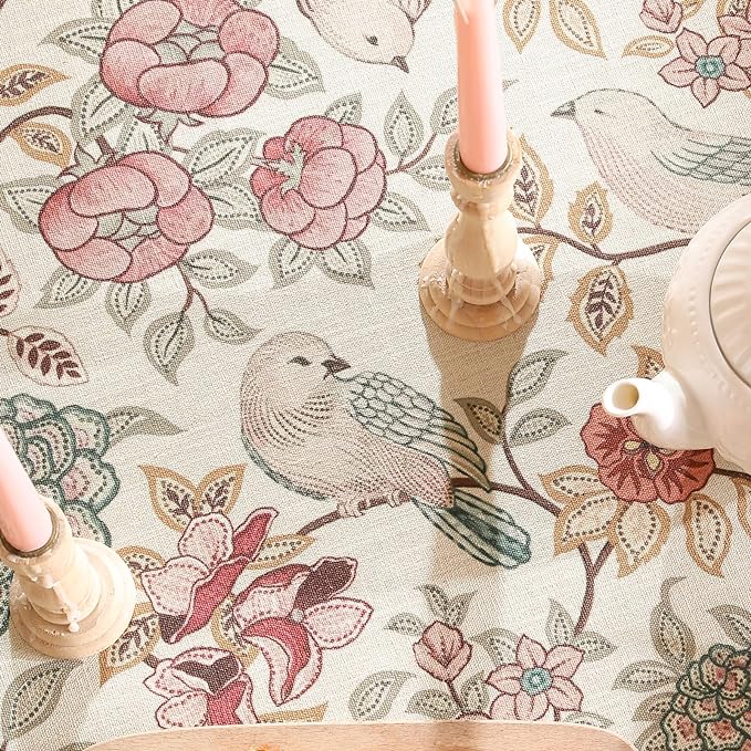 patdrea Designer Pink Linen Table Cloth for Sqaure Table,French Tablecloth with Birds Pattern,Small Colorful Decoration Cover for Kitchen Dining,Christmas,Party,Thanksgiving,67"x67"-Kulom a