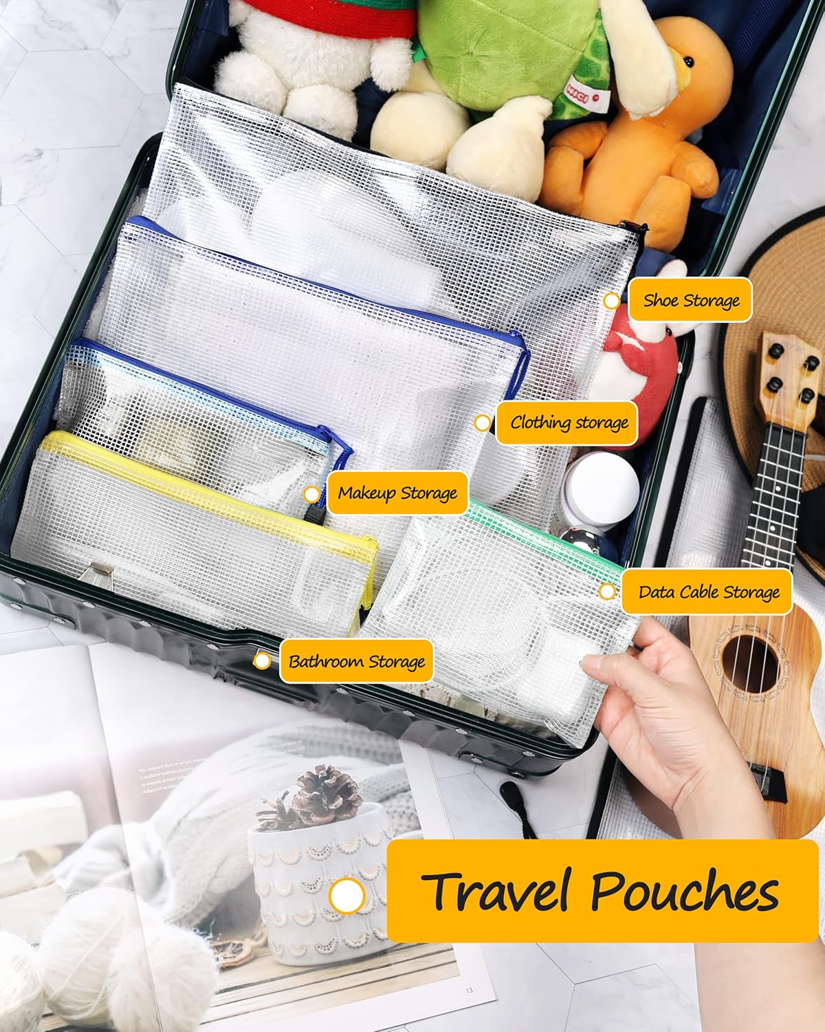 SUNEE Plastic Mesh Zipper Pouch 10x14 in (6 Colors, 24 Packs),Extra Large Water-Resistant Zip Bag for School Office Supplies, Puzzles & Games Organizing Storage