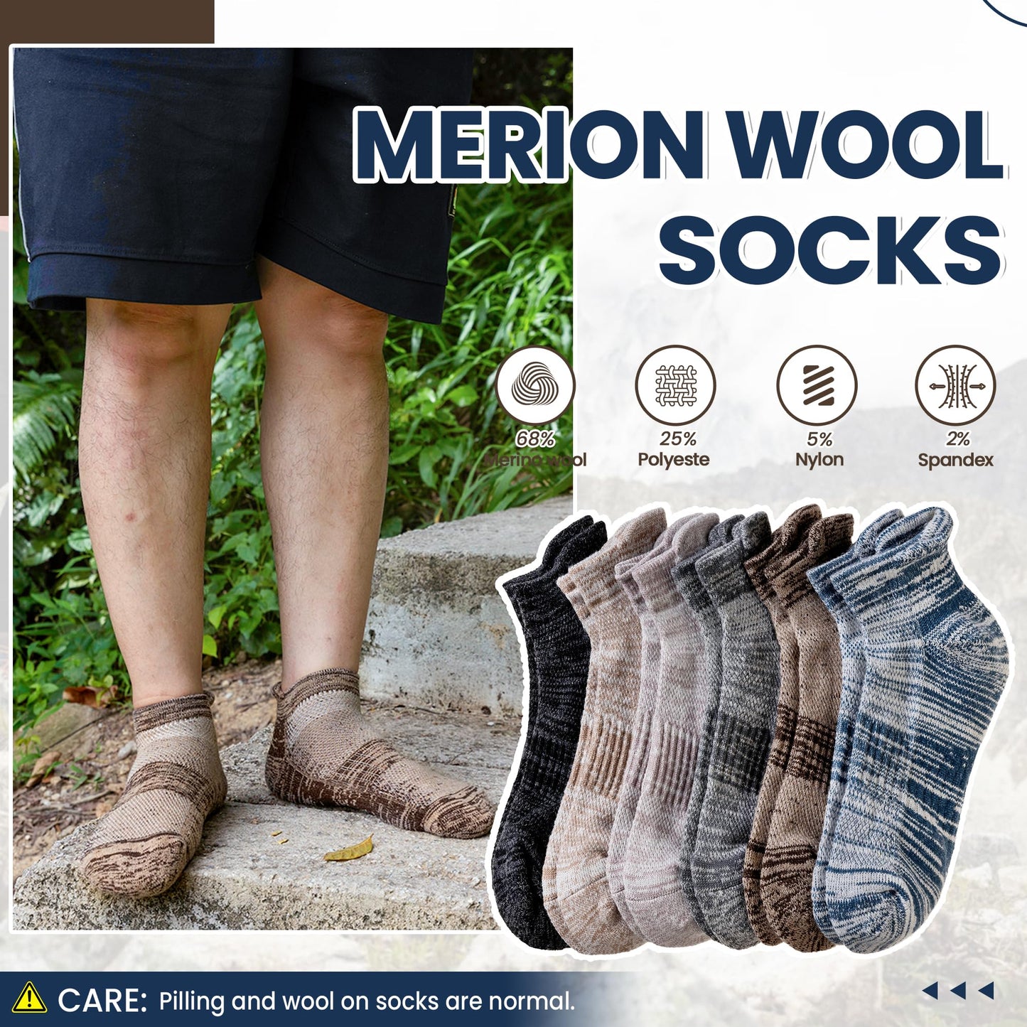 AMENLAN Merino Wool Ankle Socks Running Half Cushioned Men Women Hiking Thick No Show Socks 6 Pairs (Black/Grey/Brown,Medium)