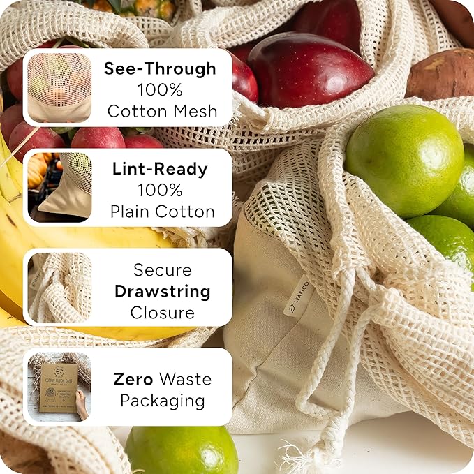 LEAFICO Reusable Produce Bags – 100% Cotton Mesh & Solid Hybrid (XL 14x18 inch 6 Pcs) – Extra Large Bags for Potatoes, Laundry, Toys, Bulk Storage – Washable, Plastic-Free, Breathable, Zero Waste