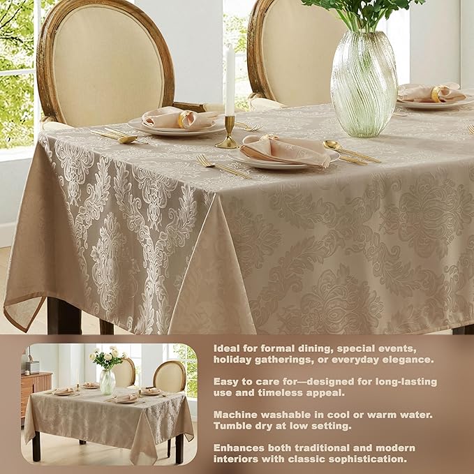 Newbridge Barcelona Luxury Damask Fabric Tablecloth, 60” Wide x 102” Rectangle, Golden Beige, 100% Polyester, No Iron, Soil Resistant Dining Room, Party and Banquet Table Cover