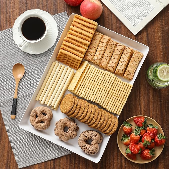 3 Pack, 16" x 11" Large White Serving Trays Set - Reusable Plastic Serving Platters for Cookie, Appetizer, Charcuterie, Snack, Dessert, Party Food Display - Stackable Kitchen CounterTop Tray, BPA Free