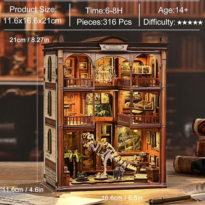 ISSEVE Book Nook Kits for Adults, DIY Booknook Kit Miniature Dollhouse Book Nooks, 3D Wooden Puzzle Model Building Creative Bookshelf Home Decoration Adult Crafts Kits Gift (Dinosaur Fossil Museum)