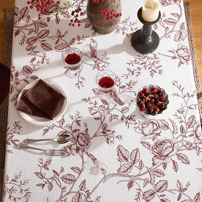 ISAENNE Designer Vintage Linen Small Square Tablecloth,Red Floral Pattern Linen Stain Resistant Table Cloth,Decor Tablecloths for Dining Thanksgiving Kitchen Tea Party,55"*55"-Harmony