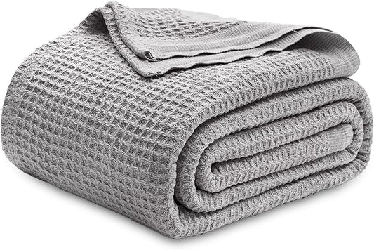 Bedsure 100% Cotton Blanket Queen Size for Bed - Breathable and Soft, Waffle Weave Blanket for Summer Spring, Grey, 90x90 Inches