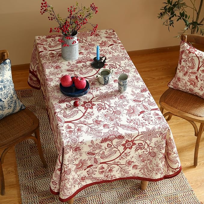 ISAENNE Designer French Linen Extra Long Rectangle Tablecloth,Red Floral Washable Indoor Table Cloth,Durable Home Decor Tablecloths for Dining Thanksgiving Kitchen Party,67"*118"-Ruyi A