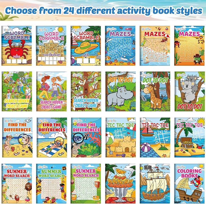 gisgfim 192 PCS Summer Mini Activity Books Coloring Books Party Favors Bulk Challenging Game Include Maze Dot to Dot Word Search Word Scramble for Ages 4-12 Goodie Bags Stuffers Kid Wedding Activities