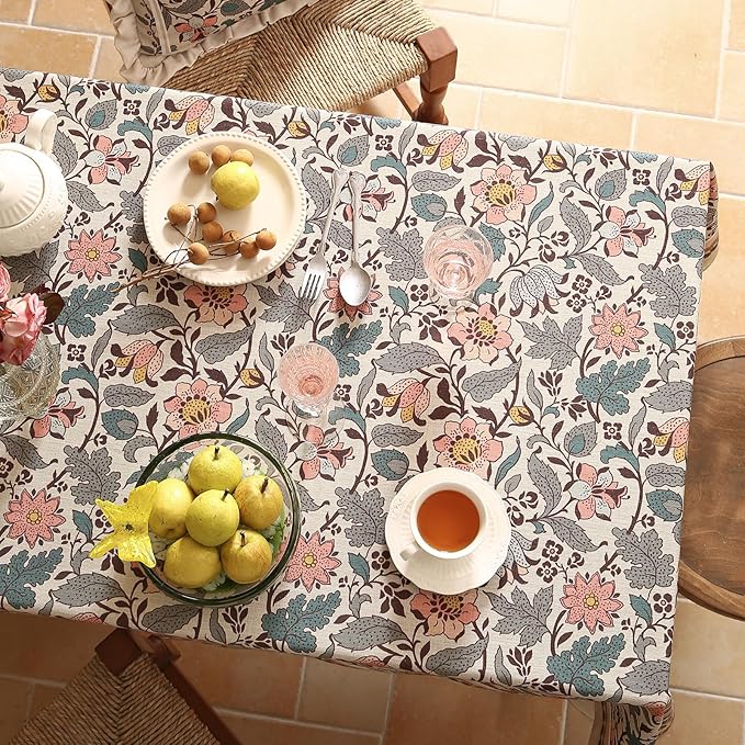 ISAENNE Designer Boho Floral Long Rectangle Tablecloth,Linen Lotus Flower Pattern Colorful Indoor Table Cloth,Durable Decor Tablecloths for Dining Thanksgiving Kitchen Christmas,63"*102"-Hazel A