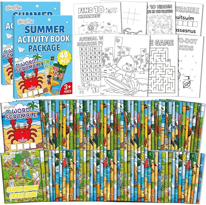 gisgfim 96 PCS Summer Mini Activity Books Coloring Books Party Favors Bulk Challenging Game Include Maze Dot to Dot Word Search Word Scramble for Ages 4-12 Goodie Bags Stuffers Kids Wedding Activities