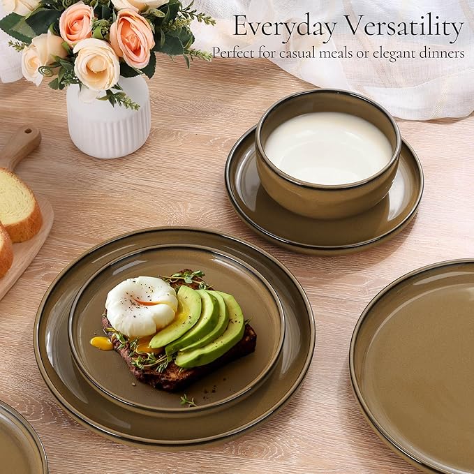 E-far Stoneware Dinnerware Sets for 6, 18 Pieces Reactive Glaze Plates and Bowls Sets, Elegant Dishes with Rustic Terracotta Clay Base, Dishwasher & Microwave Safe, Scratch Resistant, Deep Camel