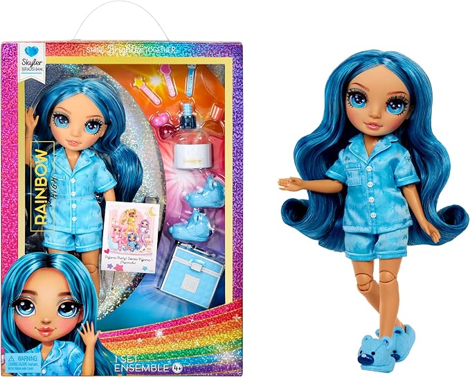 Rainbow High Jr High PJ Party - Skyler, Blue 9" Posable Fashion Doll with Soft Onesie, Slippers, Fun Play Accessories, Great Toy Gift for Girls Kids Ages 4-12 Years