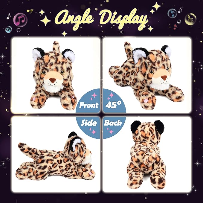 Hopearl LED Musical Stuffed Cheetah Light up Singing Plush Leopard Toy Adjustable Volume Lullaby Animated Soothe Birthday Festival for Kids Toddlers Boys, 14''