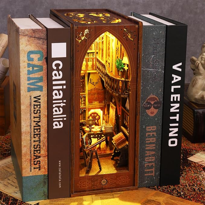 ISSEVE DIY Book Nook Kit, 3D Wooden Puzzle DIY Miniature House Kit for Booknook Shelf Insert Decoration, Magic Book House Stand Bookshelf Dollhouse for Adults with Sensor Light (Library of Books)