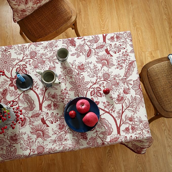 ISAENNE Designer French Linen Long Rectangle Tablecloth,Red Floral Washable Indoor Table Cloth,Durable Home Decor Tablecloths for Dining Thanksgiving Kitchen Party Christmas,63"*94"-Ruyi A
