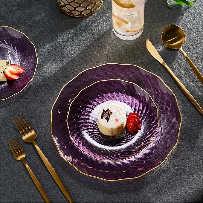 PLASTICPRO 60 Pack Plastic Plates Set of 30-10 inch Plates and 30-7 inch Plate, Elegant Clear Purple Spiral and Gold Rim Disposable Fancy Plate Premium Heavyweight