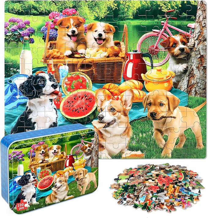 LELEMON Puzzles for Kids Ages 4-6,Dogs 100 Piece Puzzles for Kids Ages 4-8 in a Metal Box,Educational Jigsaw Puzzles 100 Piece Puzzle Games Puzzle Toys for Girls and Boys