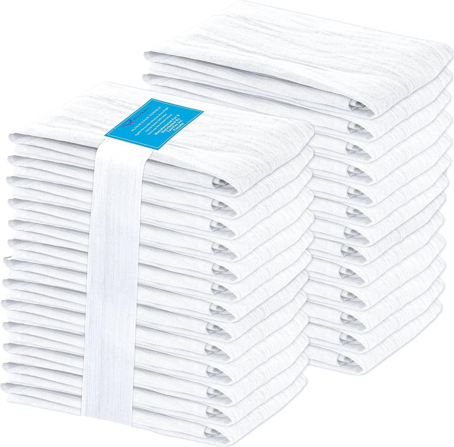 RUVANTI Flour Sack Towels 24 Pack 28x28 Inch, 100% Cotton Tea Towel, Reusable, Machine Washable, Absorbent BarTowels - Dish Cloth Perfect for Drying Dishes & Cleaning - White